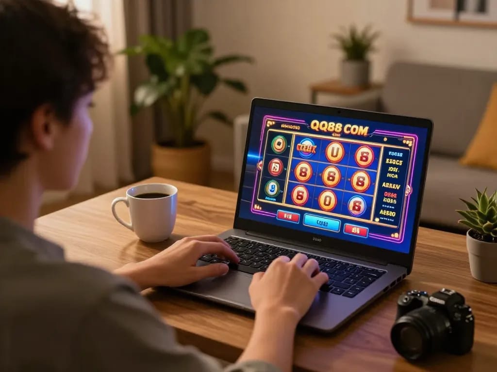 Engaging in online gaming at home with QQ88 COM visible on the laptop screen, showcasing responsible entertainment.