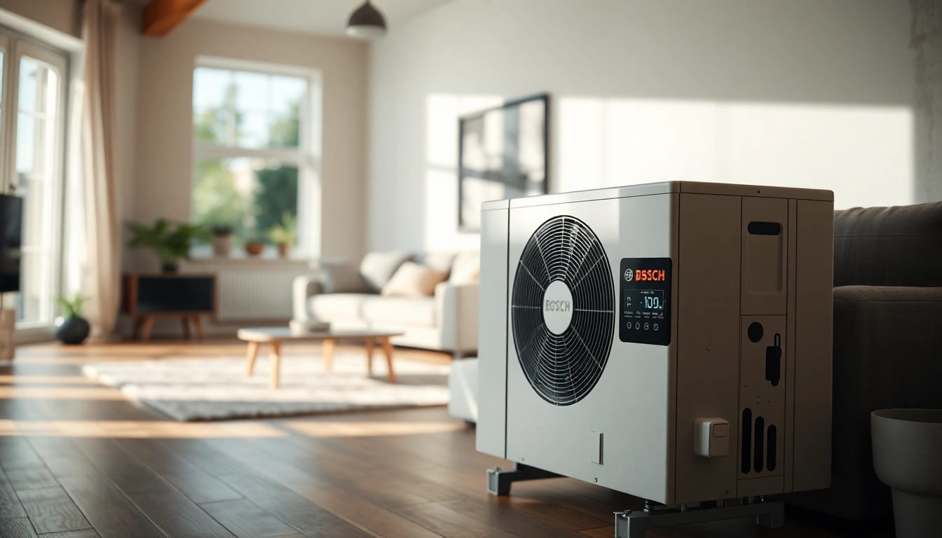 Wärmepumpe Bosch in einem modernen Wohnzimmer, das energieeffiziente Heizung zeigt.