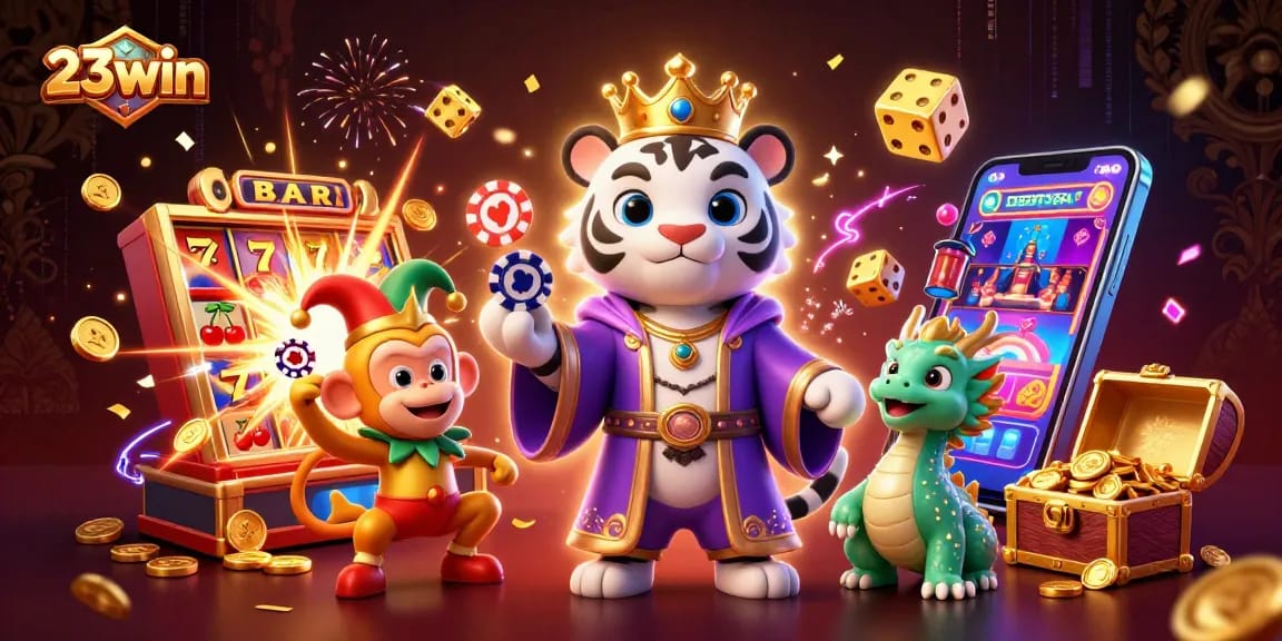 Experience excitement at 23win with a captivating 3D casino scene featuring luxe characters and game elements.