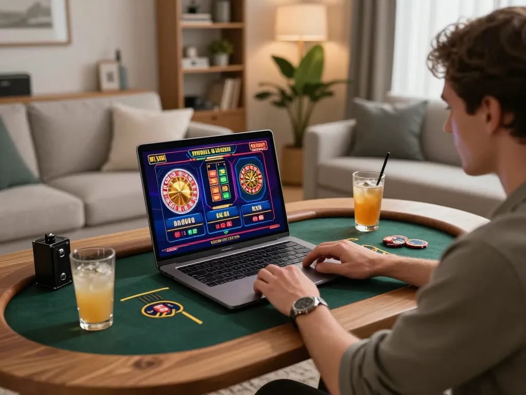 King88 player engaged in live casino gameplay on a modern laptop in a stylish home setting