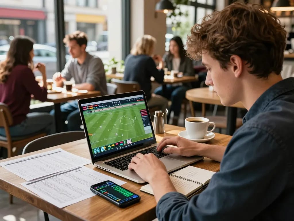 Analyzing tỷ lệ kèo bóng đá at a café with betting slips and match stats.