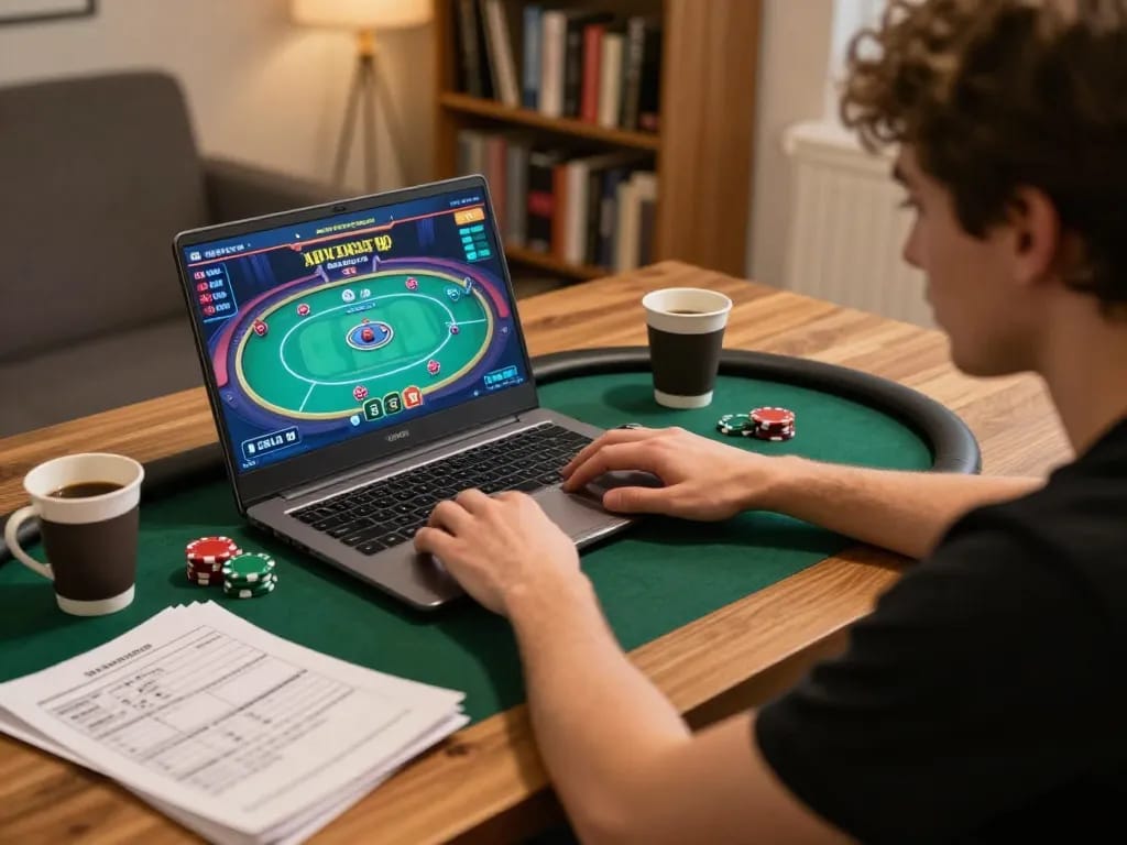 Player winning at 789club online poker game in a cozy home setting