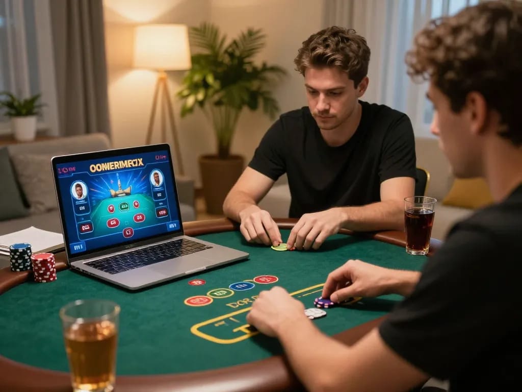 Player engaged in an online live dealer game at home, enjoying rr88c with strategic focus and a cozy atmosphere.