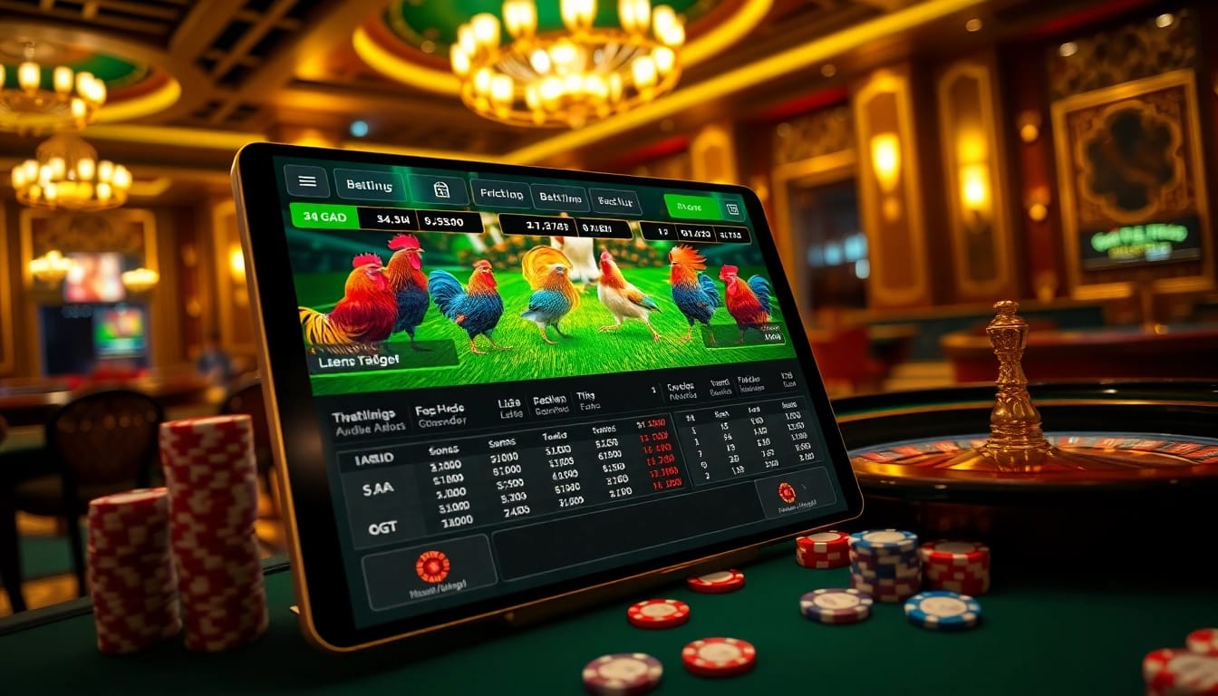 Betting on đá gà ee88 with vibrant graphics and dynamic rooster action in a luxurious casino setting.