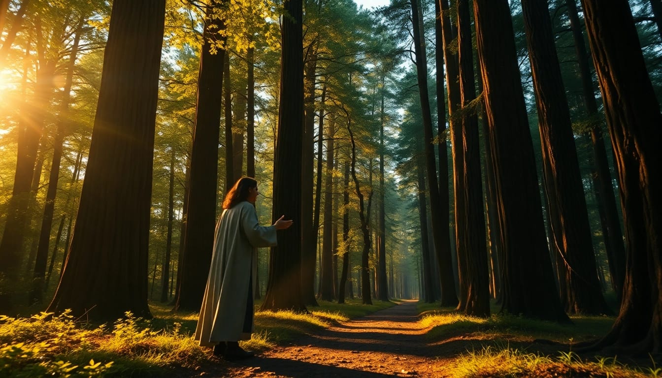 Besonders wichtig: Spirituelle Führer in einem mystischen Wald mit leuchtenden Elementen.