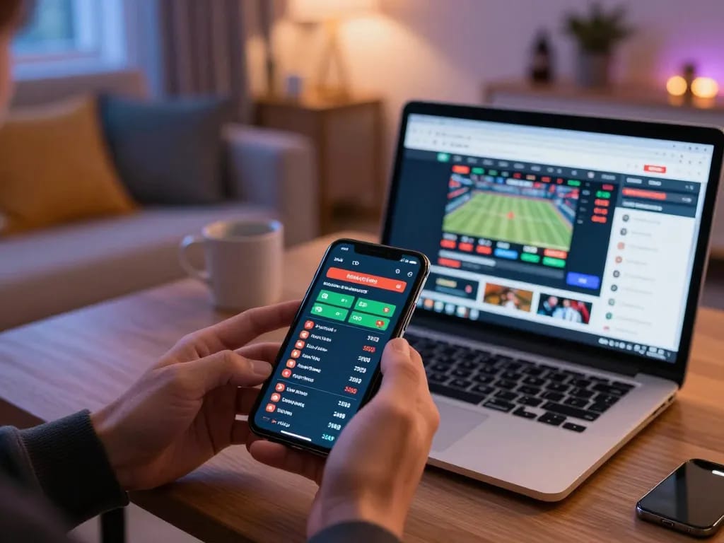 Engaging in live sports betting on F168 with smartphone displaying real-time odds and strategies.