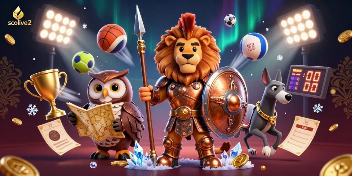 Socolive2 enhances sports betting excitement with dynamic 3D illustration of a Spartan lion, owl strategist, and greyhound messenger.