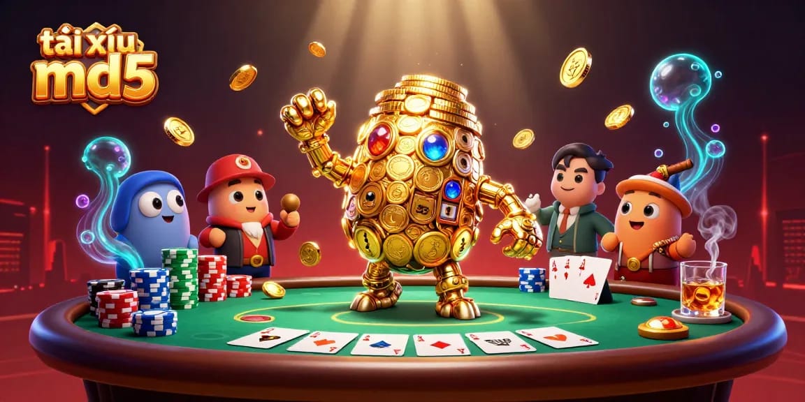 Engage in the exciting world of tài xỉu md5 with a vibrant 3D casino scene showcasing the golden golem.