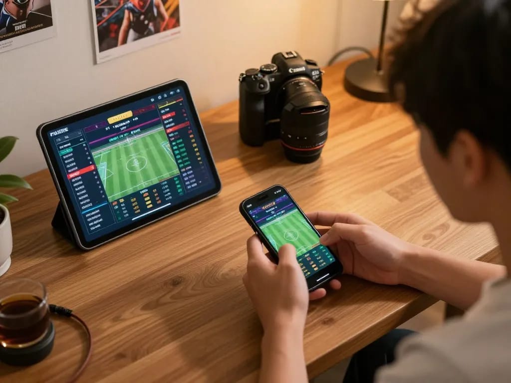 Betting on MK8 sports events using smartphone in cozy home setup.