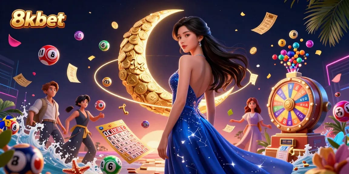 Engage with the 8kbet thrill, featuring a captivating scene of dynamic lottery elements and a stunning Asian beauty.