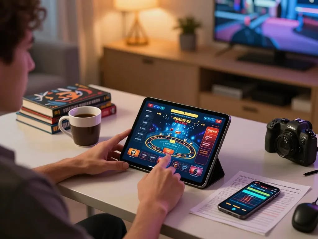 Engaging in responsible online gambling with directregth while playing live dealer games on a tablet in a cozy home office.