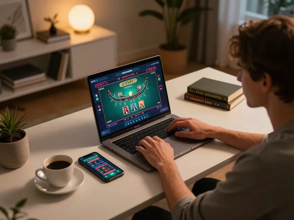 Player engaging in online gaming at 28bet8 with live dealer setup, showcasing excitement and strategy.
