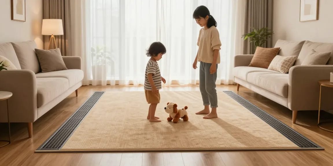 Genießen Sie den Komfort der elektrischen Fußbodenheizung mit der Familie in einem gemütlichen Wohnzimmer.