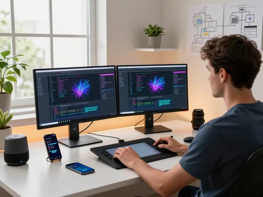 Developer utilizing motion control software in a modern tech workspace with dual monitors and creative decor.