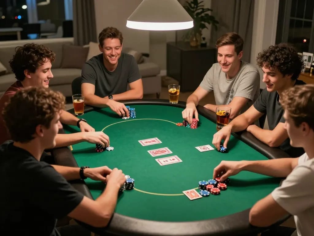 KJC players intensively strategizing in a friendly home poker game setting.