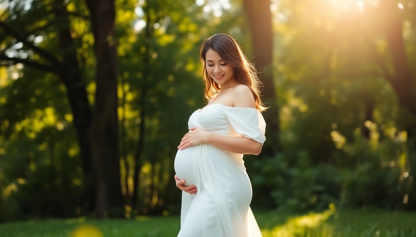 Schwangerschaftsfotografie einer werdenden Mutter, die glücklich ihren Babybauch umarmt.