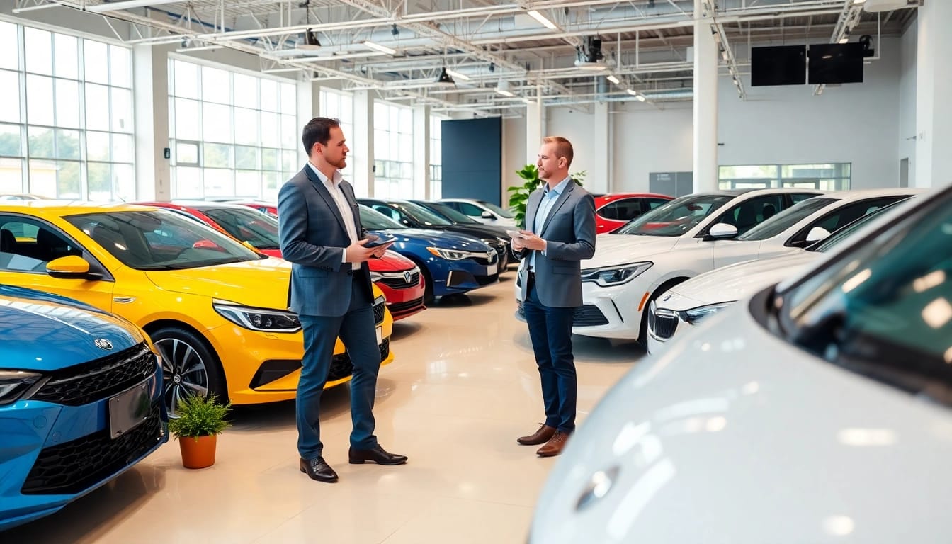 Auto kaufen in einem modernen Autohaus mit farbenfrohen Fahrzeugen und einer freundlichen Atmosphäre.