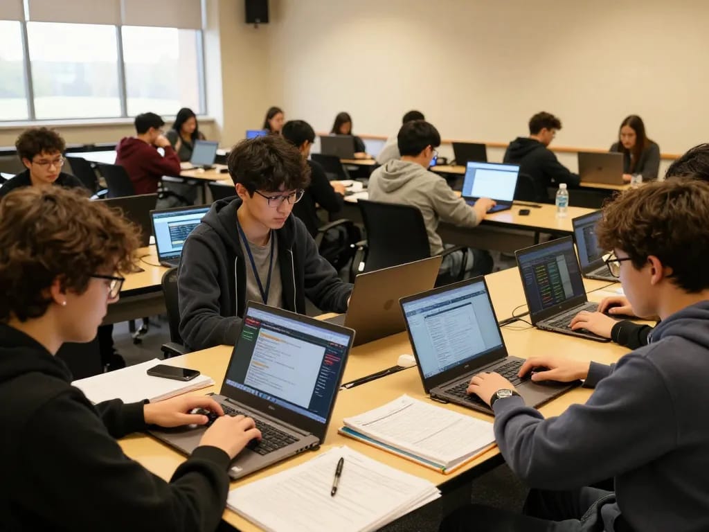 Students analyzing KI Detektor Uni in a modern lecture hall for online gambling strategies