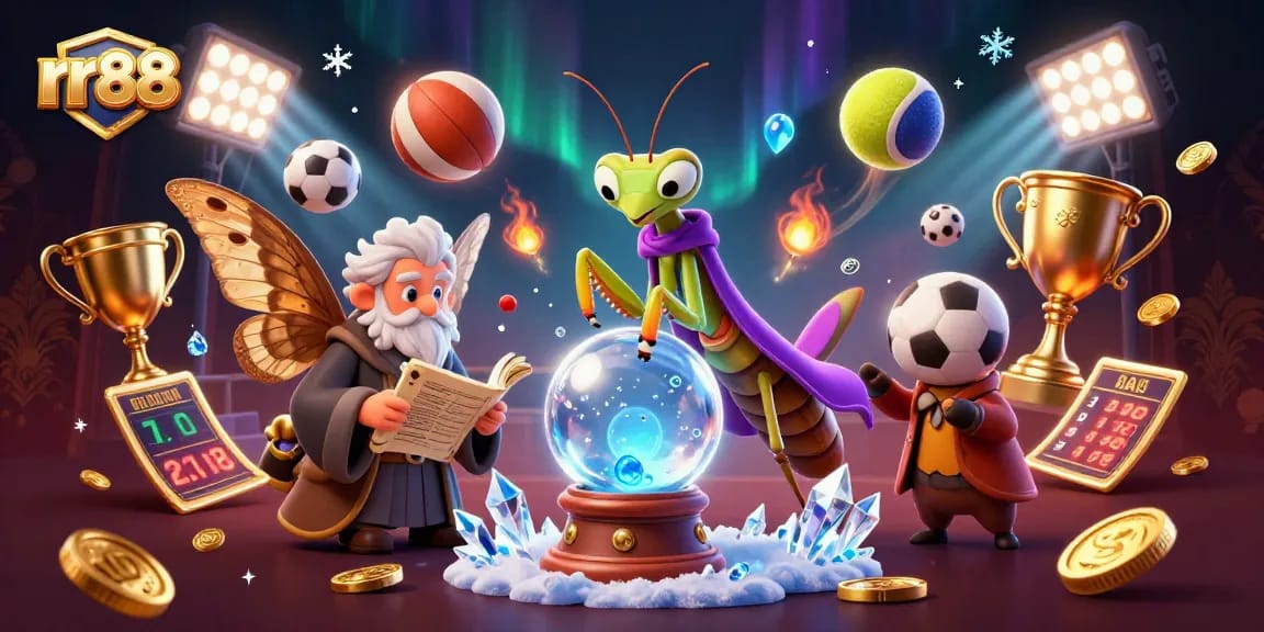Bet with confidence at rr88, featuring mystical fortune tellers and dynamic sports betting elements.