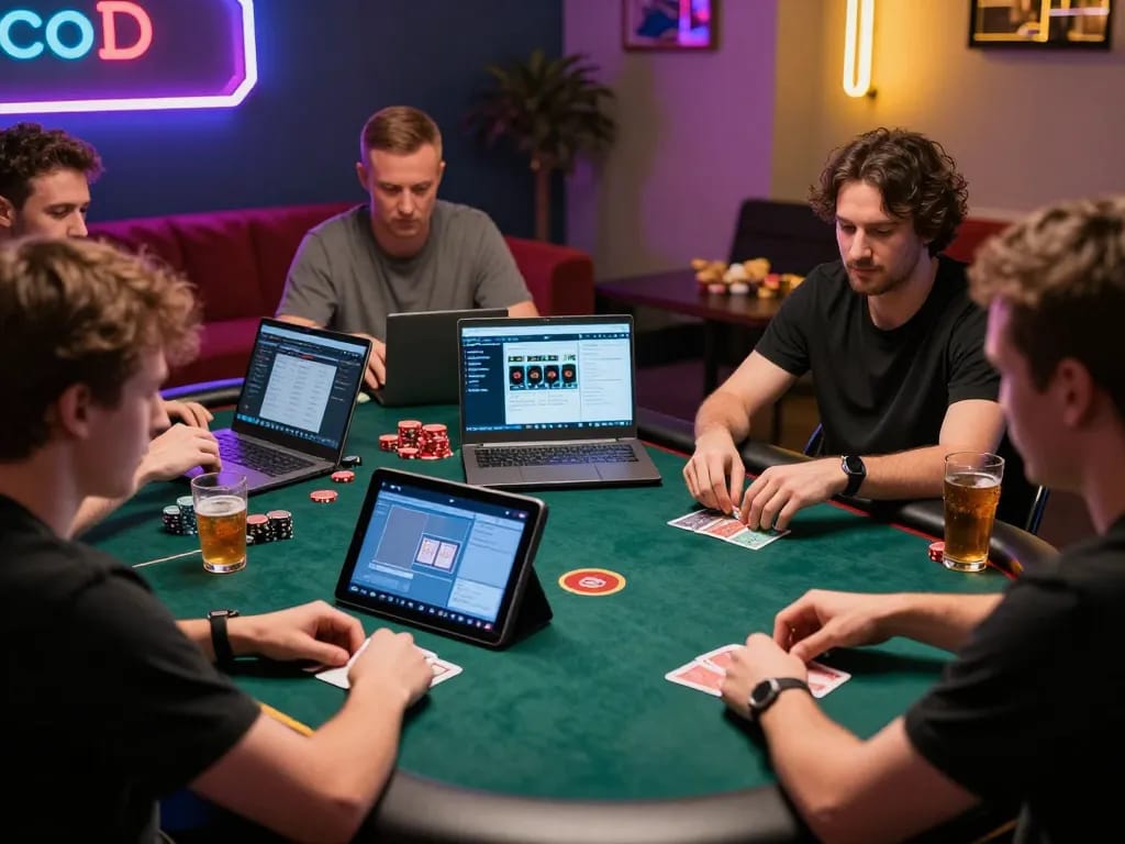 Các người chơi LUCK8 đang lập chiến lược trong một trò chơi poker trực tuyến với ánh sáng rực rỡ.