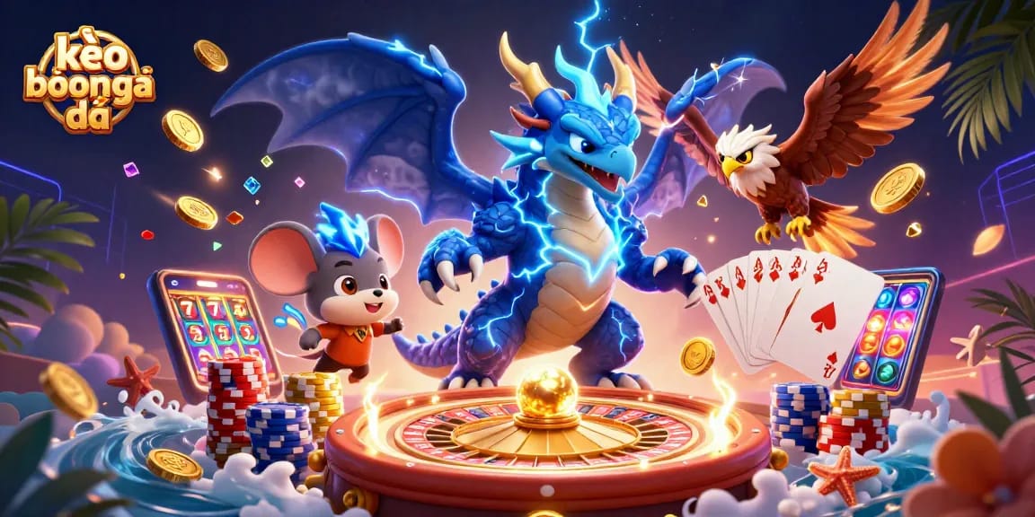 Bet on kèo bóng đá with dynamic elements featuring thunder dragon, hawk, and casino symbols