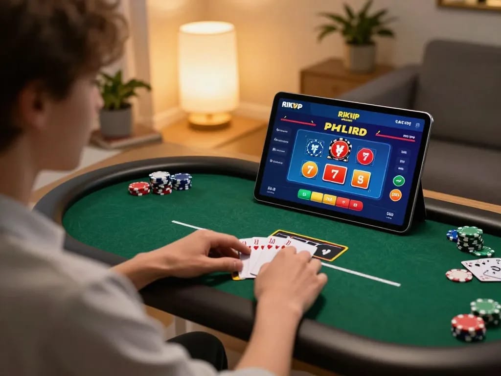 Player engaging in online poker using the RIKVIP app at home, showcasing a comfortable and exciting gaming environment.