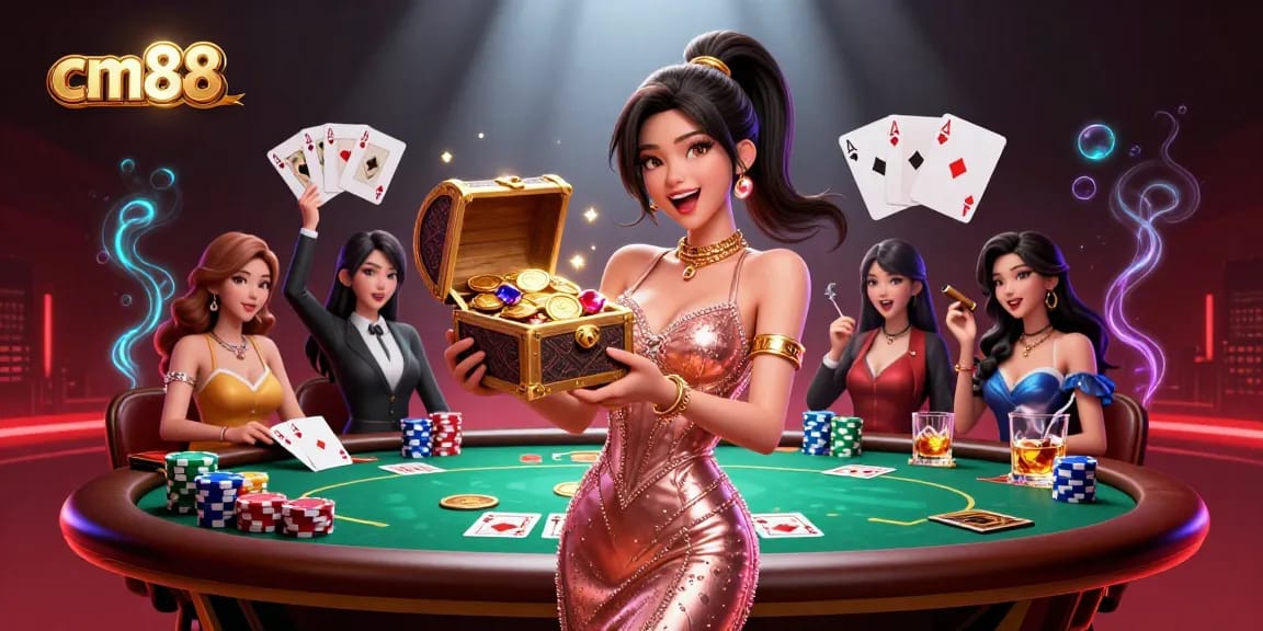 Engage with cm88's thrilling casino adventure featuring a joyful woman presenting overflowing treasure