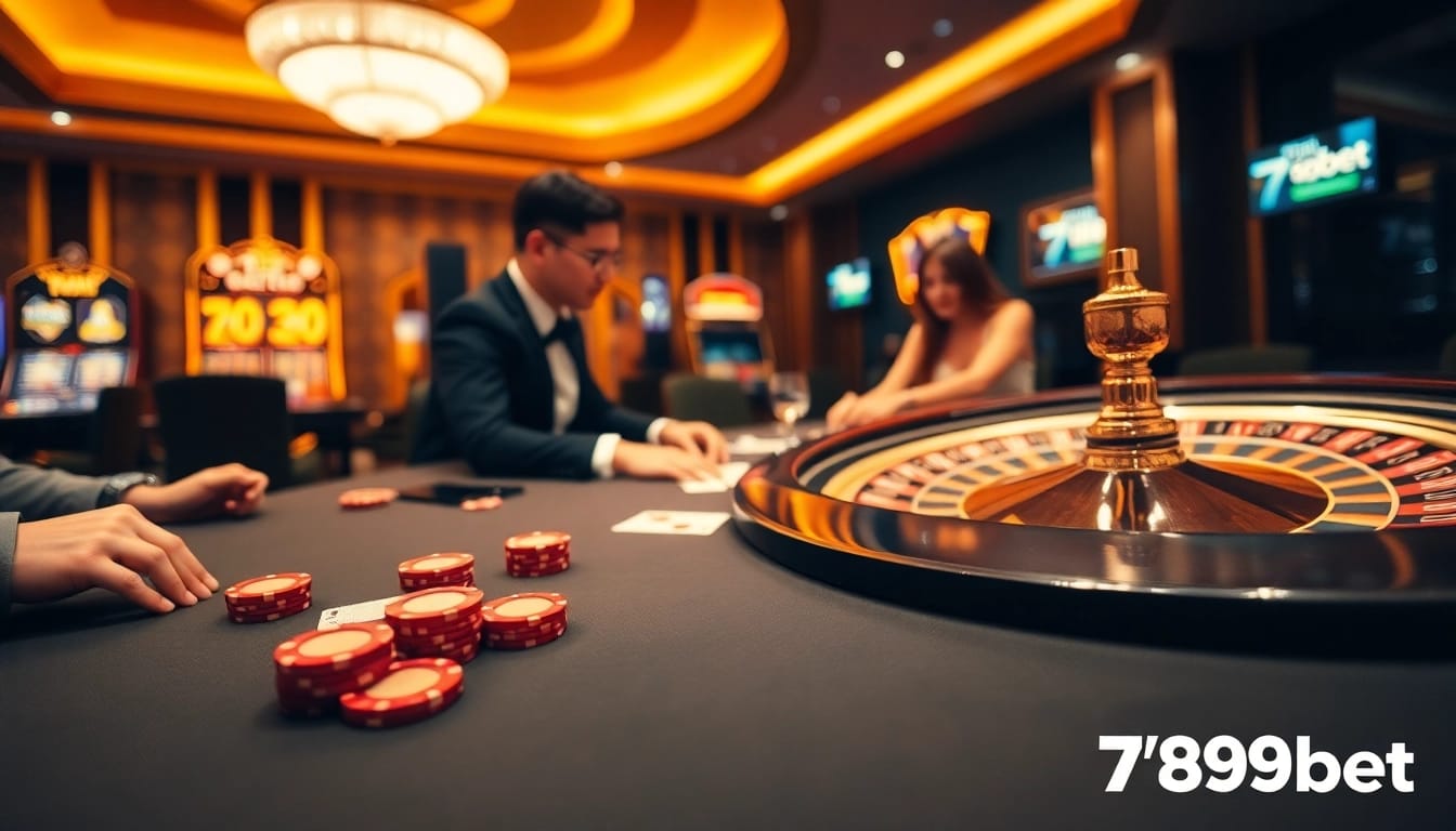 Exciting gaming at 789bet casino tables with poker chips and elements of roulette.