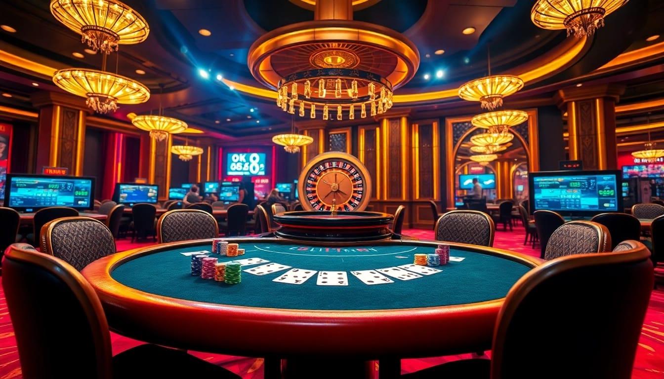 Engaging poker game scene with ok8386 branding, vibrant casino ambiance, and betting elements.