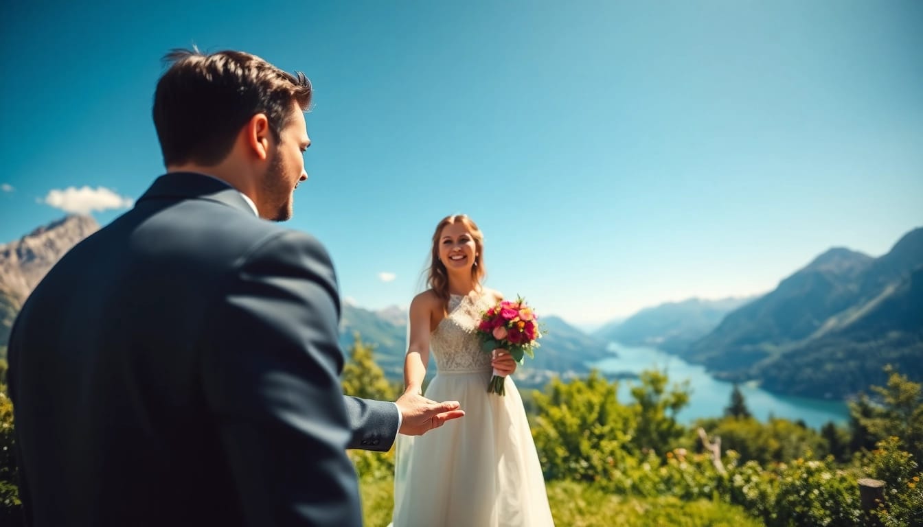Hochzeitsfotograf Schliersee captures a couple in a romantic Alpine setting during their vows.