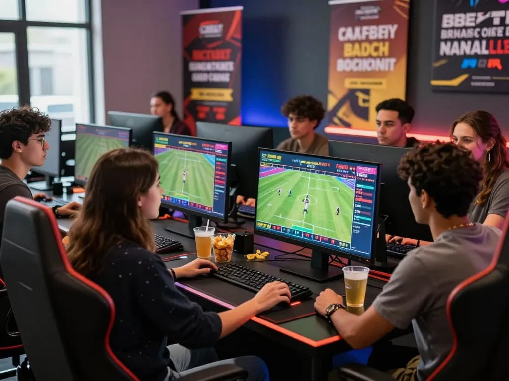 Friends enjoying a live sports match while placing bets on bong99, showcasing excitement and camaraderie in an online gaming environment.