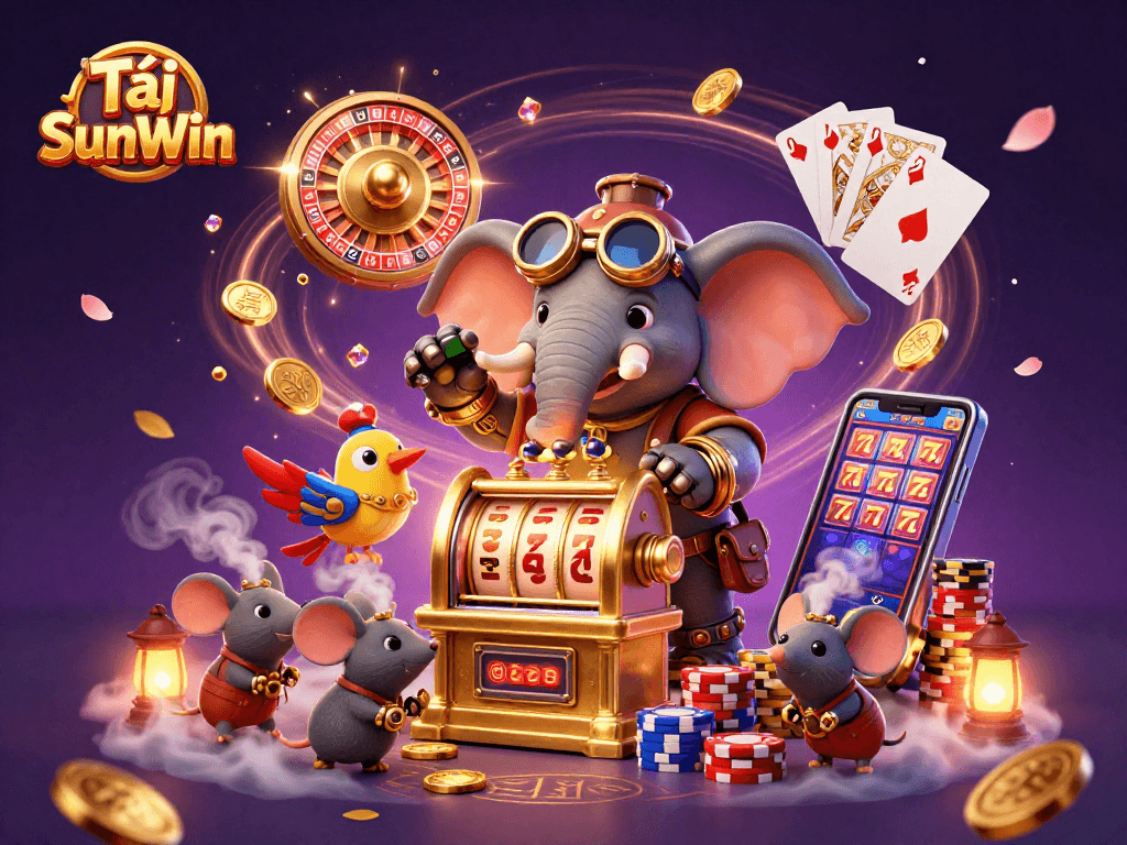 Tải SunWin with a steampunk elephant engaging players at a vibrant casino scene filled with action.