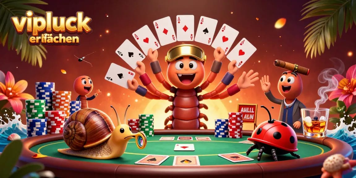 Erleben Sie spannende VIPLuck Casino Erfahrungen mit einem 3D-Millipede-Dealer und Hochstaplern am Poker-Tisch.