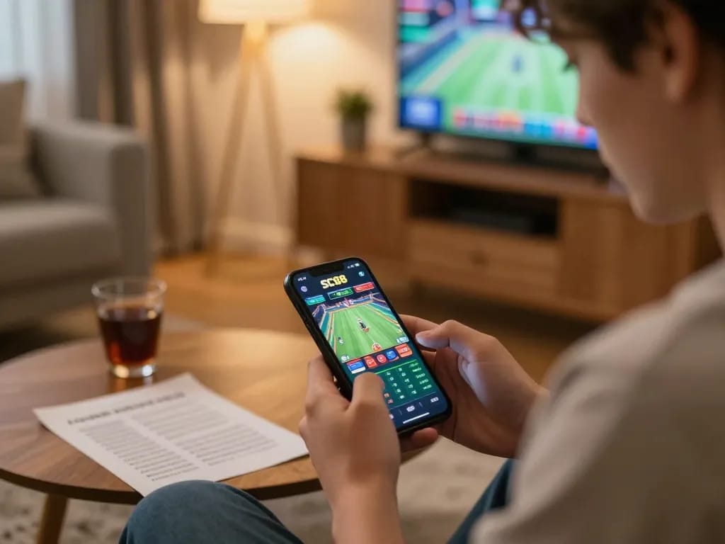 Player engaging with the SC88 casino app on smartphone during a relaxed home gaming session.