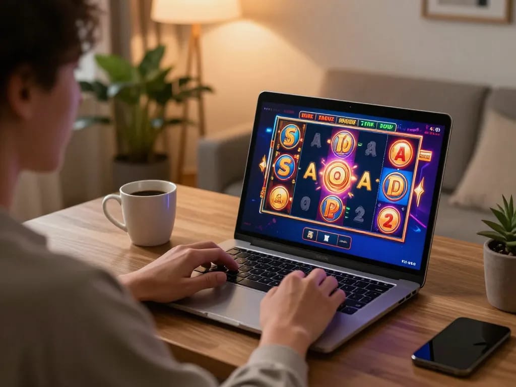 Nohu players enjoy slot gaming with colorful graphics on laptops, creating an engaging home atmosphere.