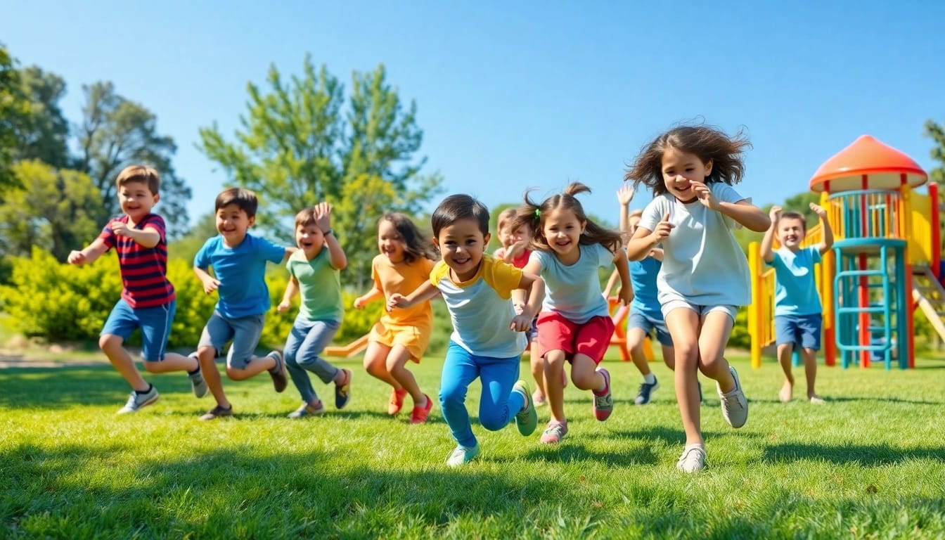 Jetzt Details ansehen, Kinder, die aktiv an Bewegungsspielen im Freien teilnehmen, voller Freude und Energie.