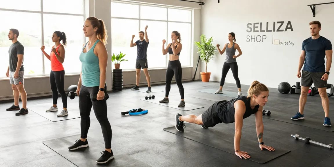 Erfolgreiche Athleten trainieren effektiv im Selliza Shop Fitnessstudio mit hochwertiger Ausrüstung.