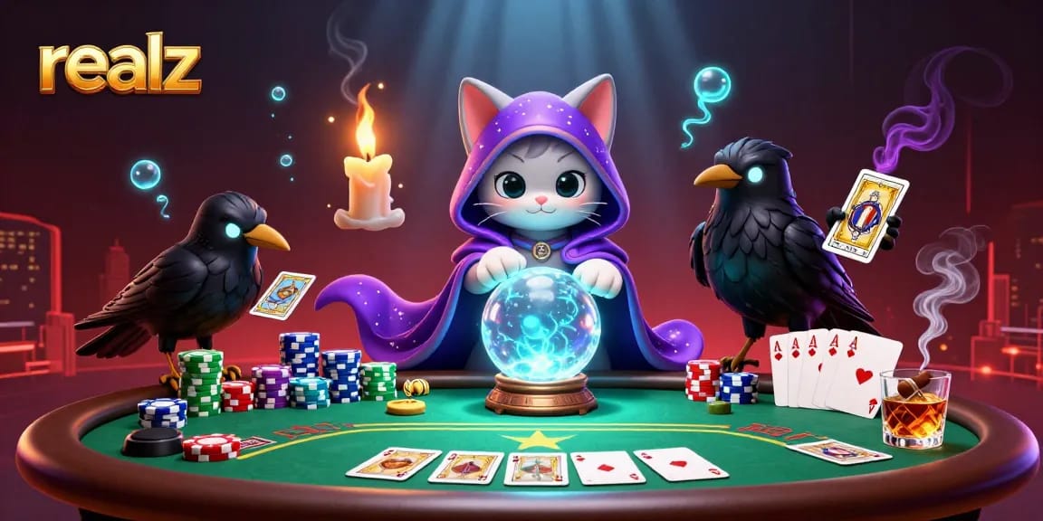 Experience thrilling poker excitement with realz featuring a mystic cat and poker chips.