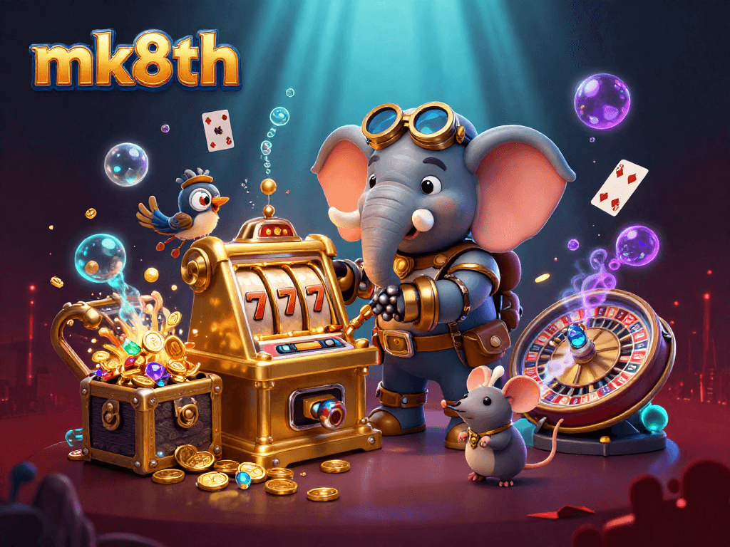 Experience thrilling slots at mk8th with cartoon steampunk characters amidst vibrant treasures and action!