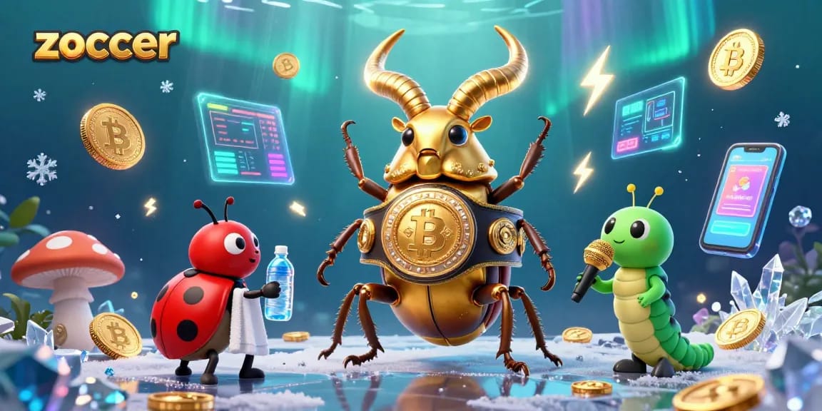 Zoccer showcases a vibrant boxing-themed illustration featuring playful characters and cryptocurrency elements.