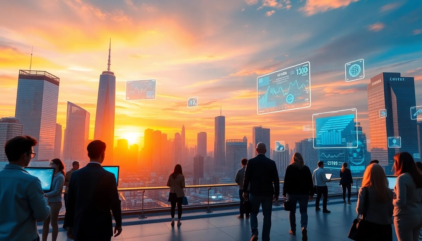 Internet Trends in einem dynamischen digitalen Stadtbild mit modernen Technologien und Menschen.
