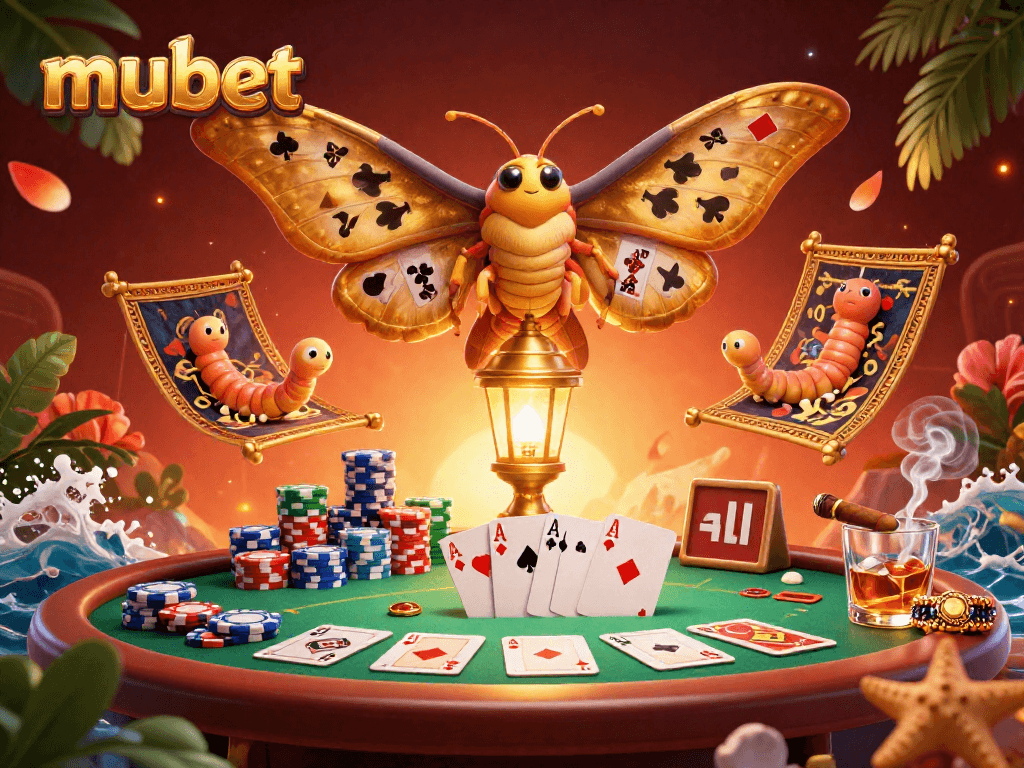 Experience thrilling moments at Mubet with this stunning casino-themed illustration showcasing vibrant game elements.