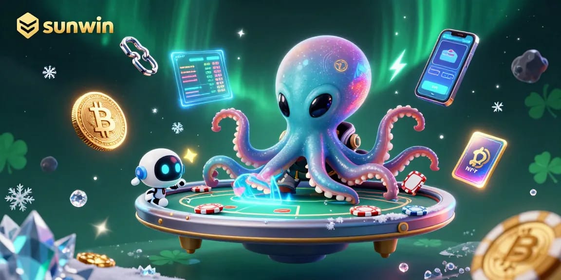 Sunwin offers thrilling gaming experiences with a vibrant 3D alien octopus engaging at a poker table.