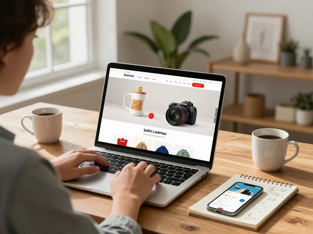 Sofort Lieferbar angezeigt auf einer ansprechenden E-Commerce-Website, die einen Benutzer zeigt, der an einem modernen Schreibtisch einkauft.
