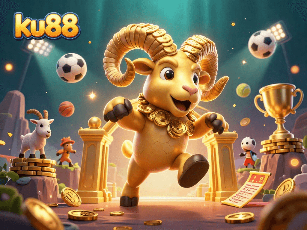ku88 brings the excitement of gambling life with a 3D depiction of a golden ram charging through a casino