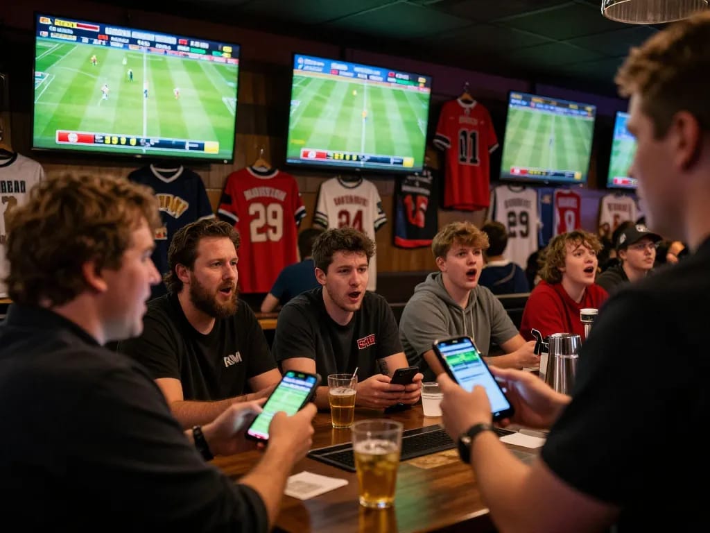 Engaged patrons at 7m-7m sports betting bar cheering for live games while placing bets on mobile.