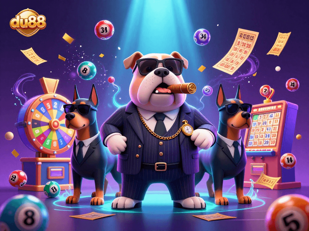 Experience the excitement of du88 casino with vibrant lottery elements and a cartoon mafia theme.