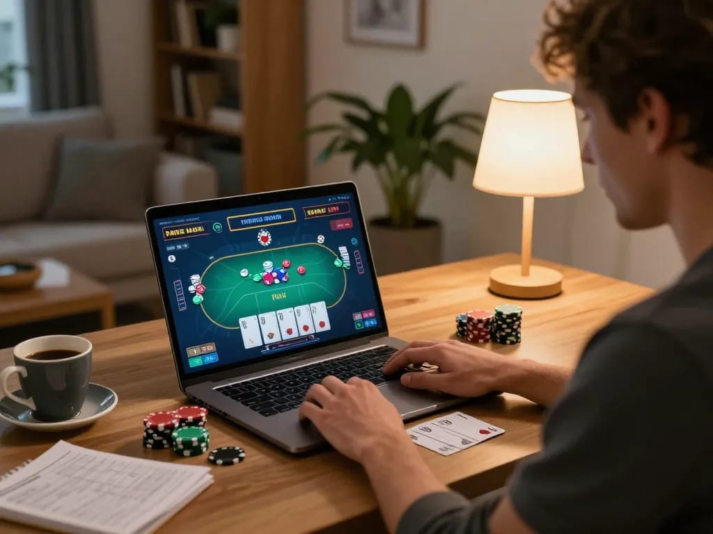 Engaging online poker gameplay at home with player using fc88on on laptop, strategic focus evident.