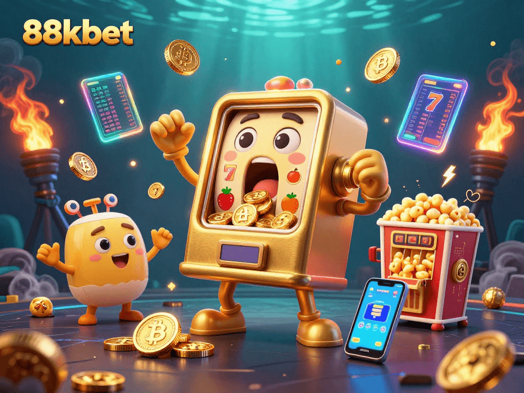 Witness the excitement of 88kbet as the golden slot machine celebrates a jackpot win surrounded by cheering smaller machines.
