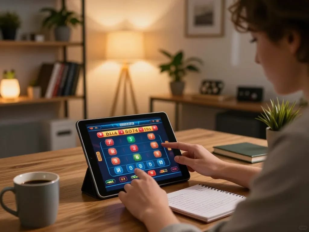 Engaged user experiencing rr88c online casino gaming with strategic notes nearby